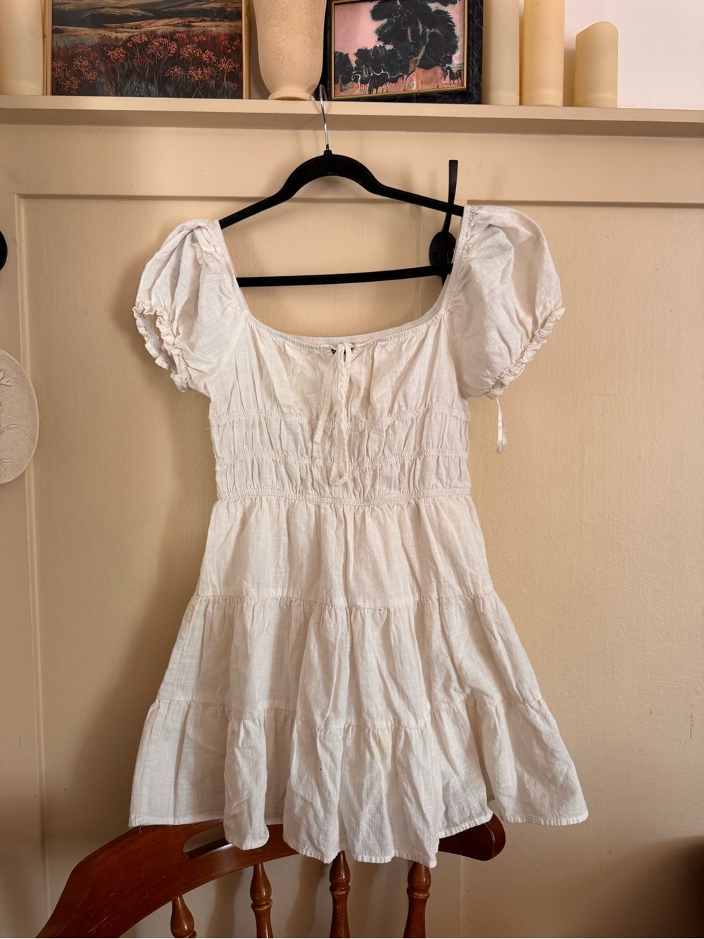 White Cotton Puff Sleeve Tiered Mini Dress